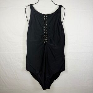 Beyond One Piece Swimsuit Women 16 Black Lace Up High Neck Gold Hardware